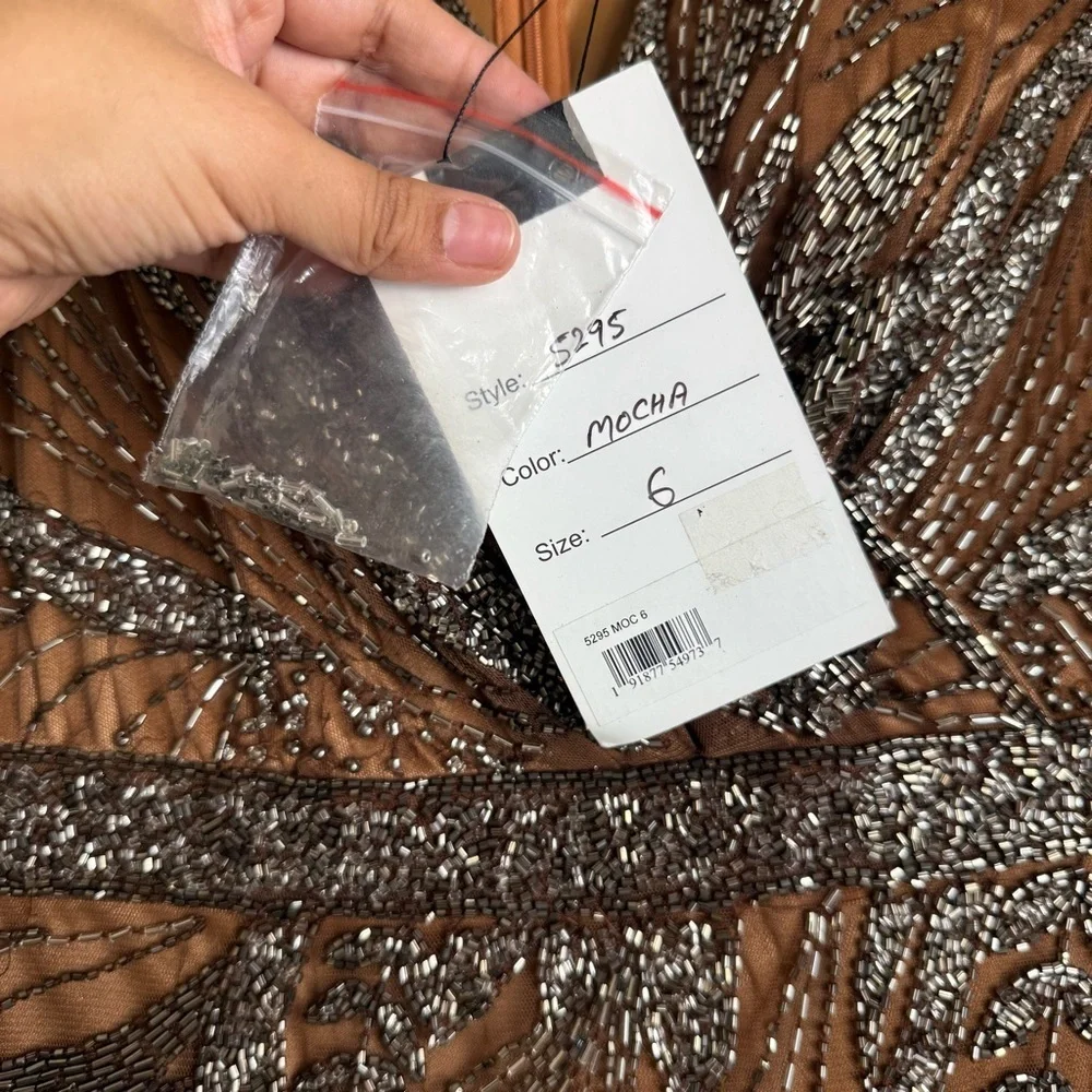 Mac Duggal Mocha Brown Beaded Long Sleeve Tulle Midi Cocktail Dress - Picture 7 of 14